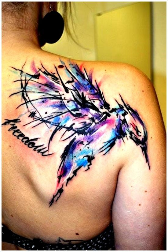 Freedom - Watercolor Flying Bird Tattoo On Right Back Shoulder