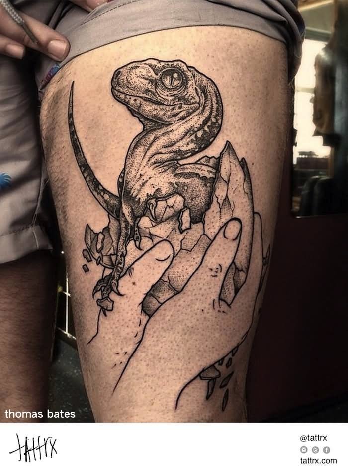 Geometric Dinosaur Tattoo On Left Thigh