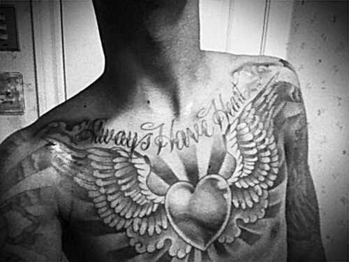 Gery Ink Heart With Banner Tattoo On Man Chest