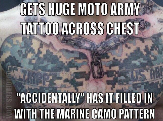 Gets Huge Moto Army Tattoo Across Chest Funny Camouflage Meme Picture