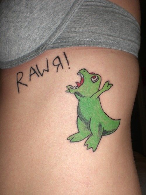 Girl Left Rib Side Dinosaur Tattoo