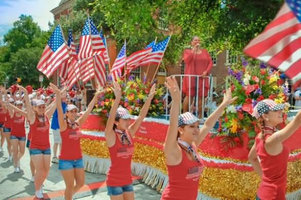 Girls Taking Part In USA Independence Day Parade