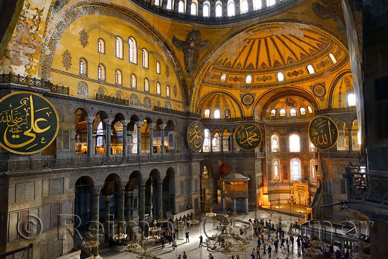 Golden Apse Wall Inside The Hagia Sophia With Wood Pendants