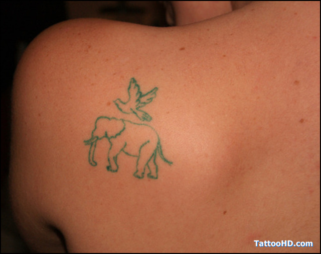 Green Outline Elephant With Flying Bird Tattoo On Left Back Shoulder