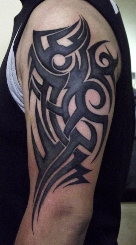 Grey And Black Tribal Half Sleeve Tattoo