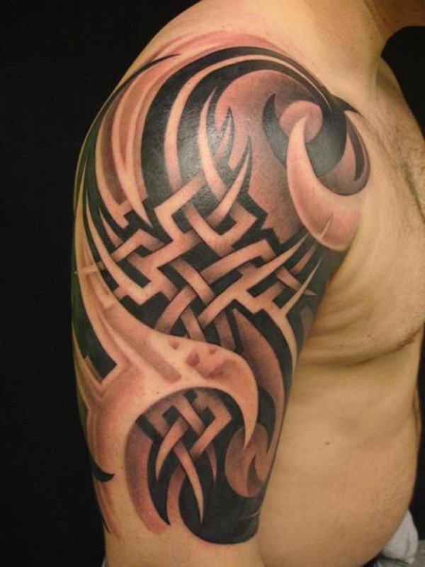 Grey And Black Tribal Tattoo On Half Sleeve For Men
