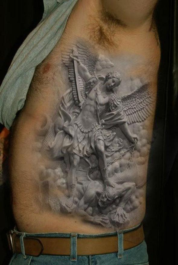 Grey Ink 3D Angel Tattoo On Man Left Side Rib