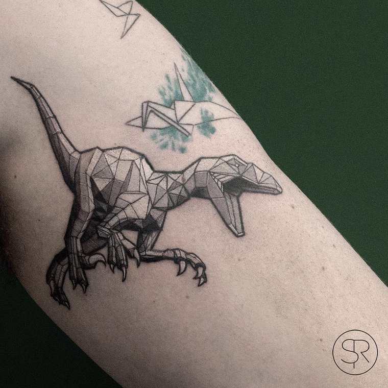 Grey Ink Abstract Dinosaur Tattoo by Sven Rayen