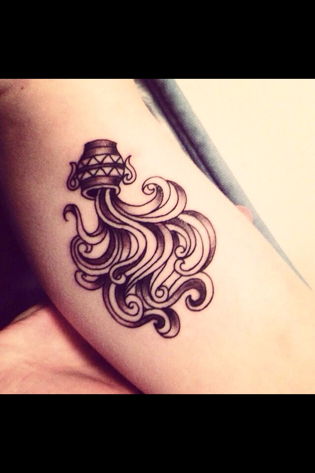 Grey Ink Aquarius Tattoo On Arm