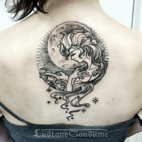 Grey Ink Aquarius Tattoo On Upper Back
