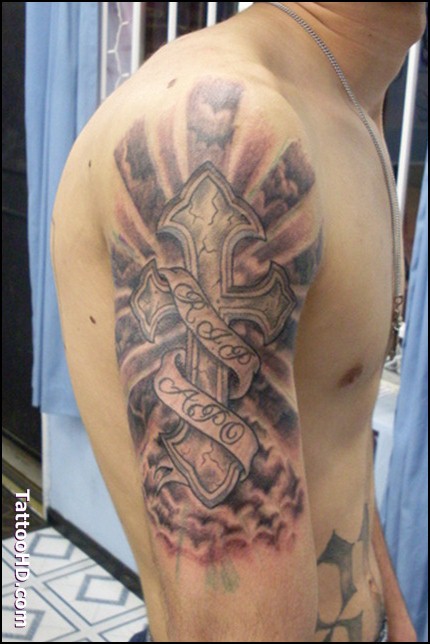 Grey Ink Cross With Banner Tattoo On Man Right Half Sleeve