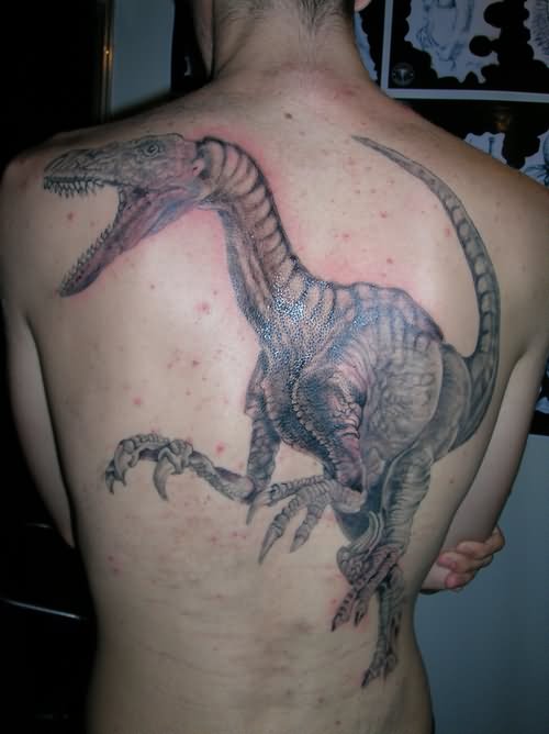 Grey Ink Dinosaur Tattoo On Full Back