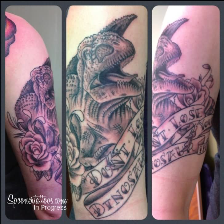 Grey Ink Dinosaur Tattoo On Half Sleeve