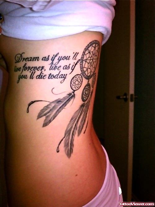 Grey Ink Dreamcatcher Tattoo On Girl Side Rib