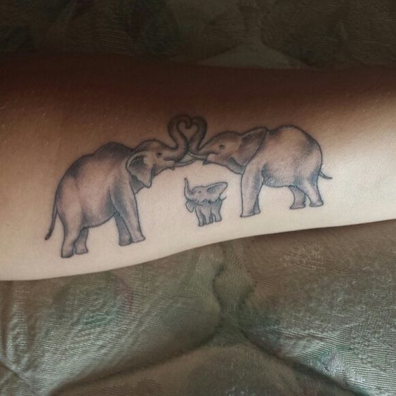 Grey Ink Elephant Family Tattoo Design For Sleeve