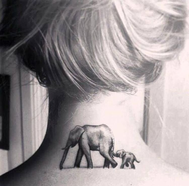 Grey Ink Elephant Family Tattoo On Back Neck