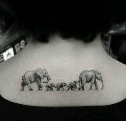 Grey Ink Elephant Family Tattoo On Upper Back