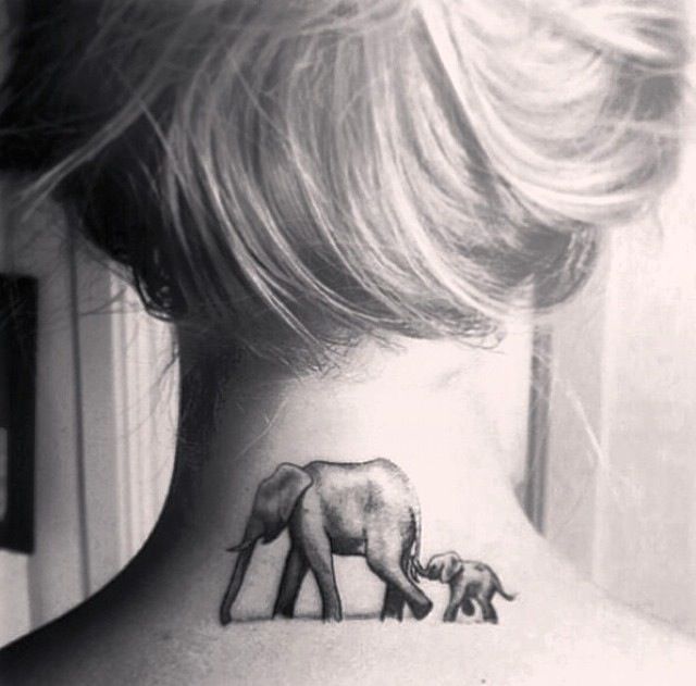 Grey Ink Elephant With Baby Tattoo On Back Neck