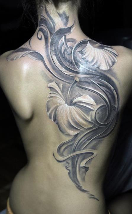 Grey Ink Hibiscus Flower Tattoo On Full Back