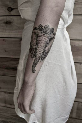 Grey Ink Indian Elephant Face Tattoo On Girl Left Arm