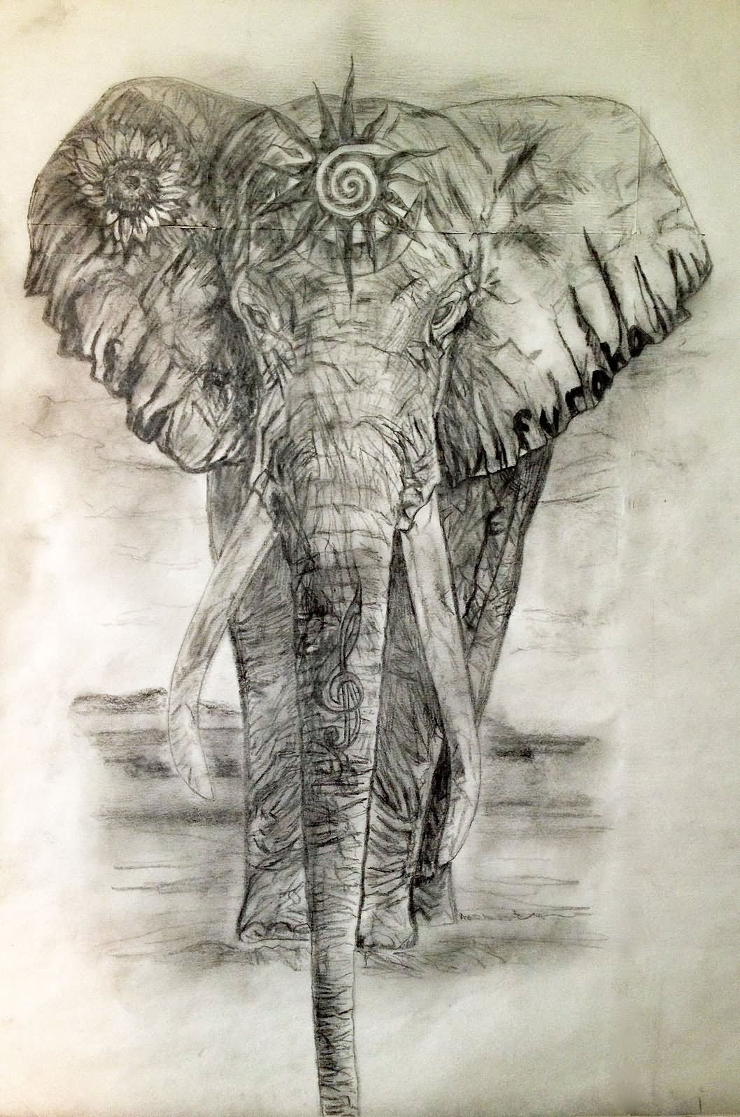 Grey Ink Indian Elephant Tattoo Design