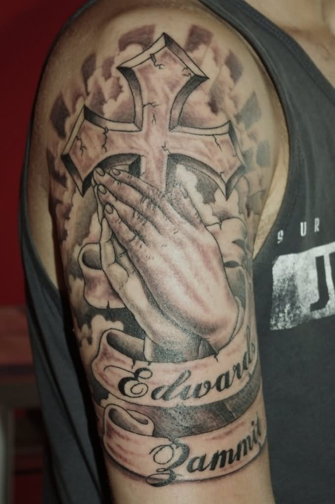 Grey Ink Praying Hands With Cross And Banner Tattoo On Right Half Sleeve