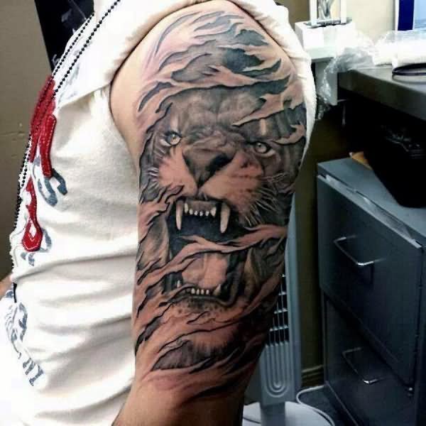 Grey Ink Ripped Skin Lion Tattoo On Half Sleeve