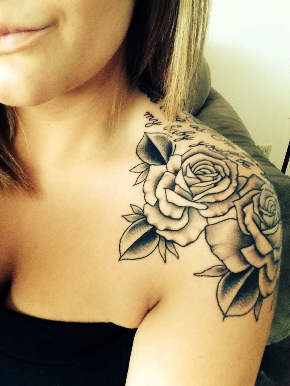 Grey Ink Rose Flower Tattoo On Girl Left Shoulder