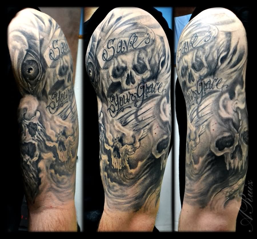 Grey Ink Skull With Banner Tattoo On Half Sleeve