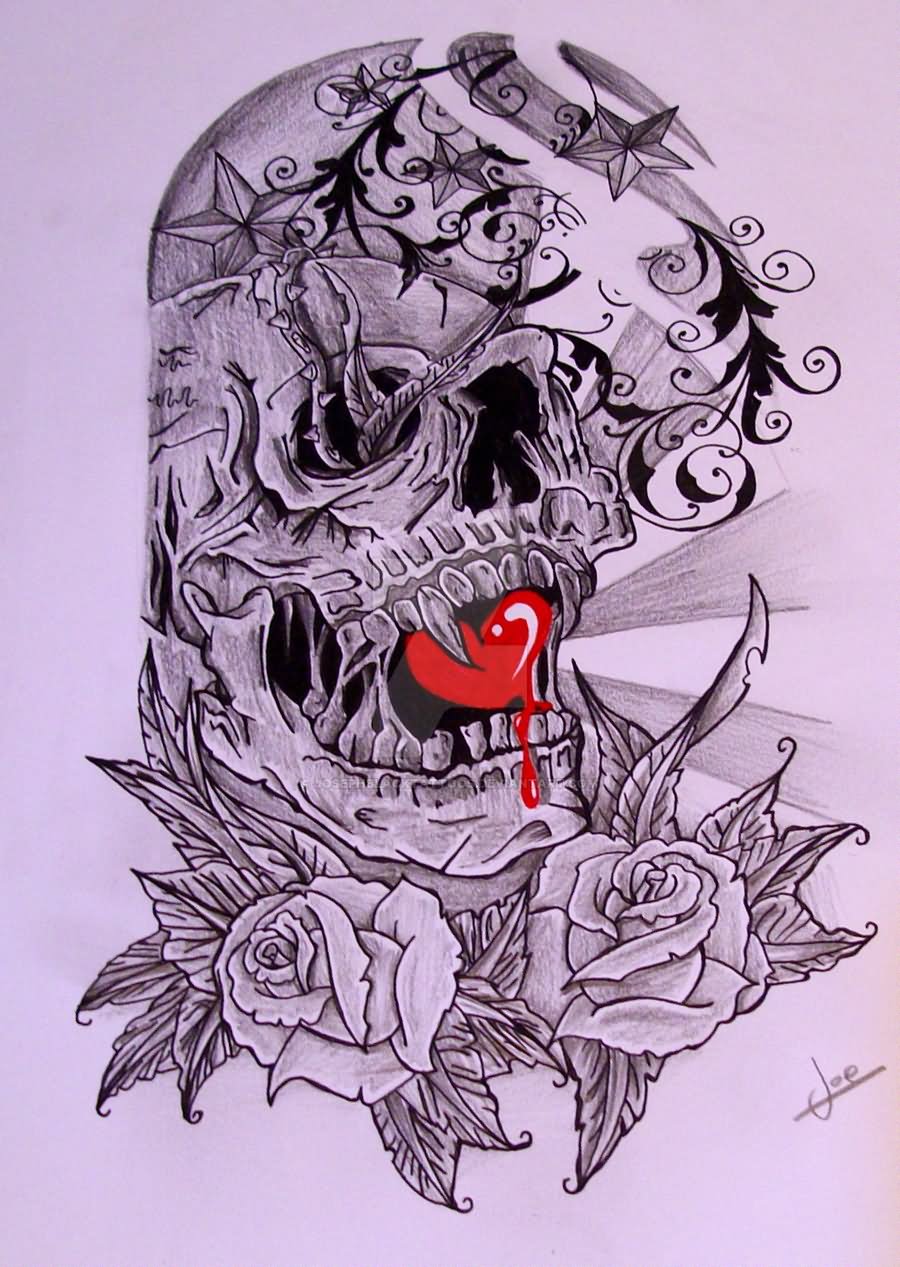 Grey Ink Skull With Roses Tattoo Design For Half Sleeve By Joseph David Black