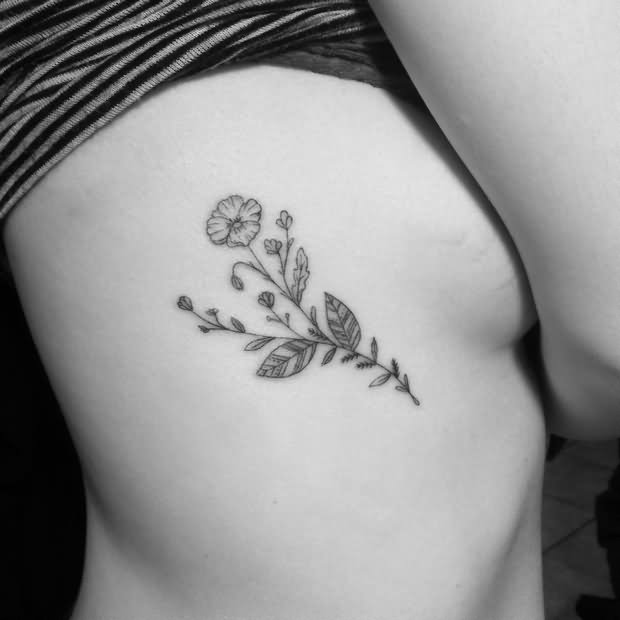 Grey Ink Small Flowers Tattoo Design For Side Rib