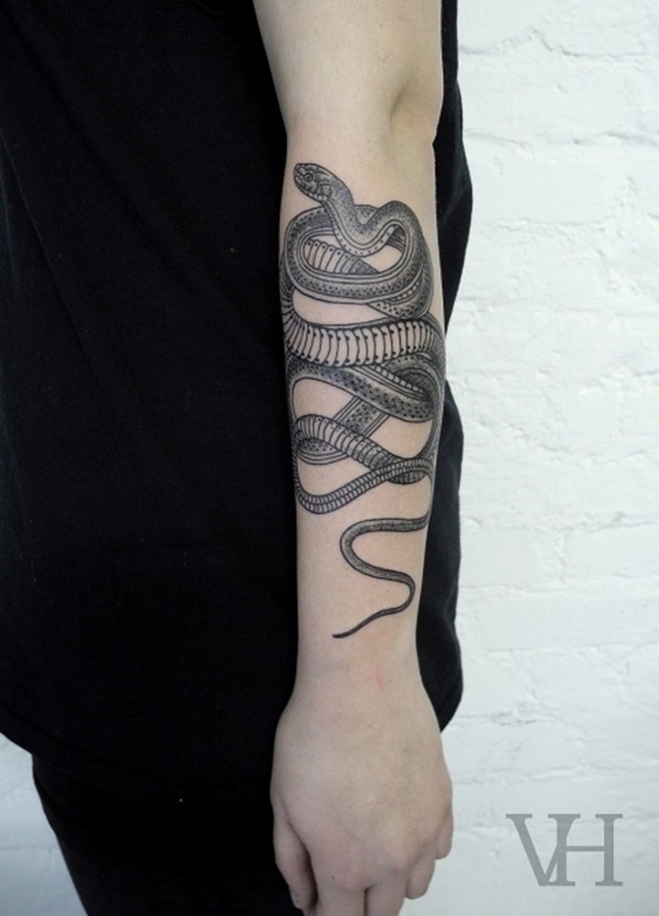 Grey Ink Snake Tattoo On Left Forearm