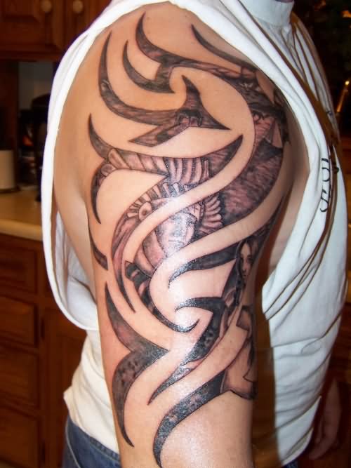 Grey Ink Tribal Half Sleeve Tattoo