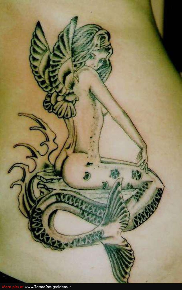 Grey Ink Winged Aquarius Mermaid Tattoo