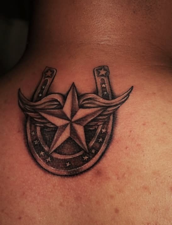 Grey Ink Winged Nautical Star Horse Shoe Tattoo On Upper Back