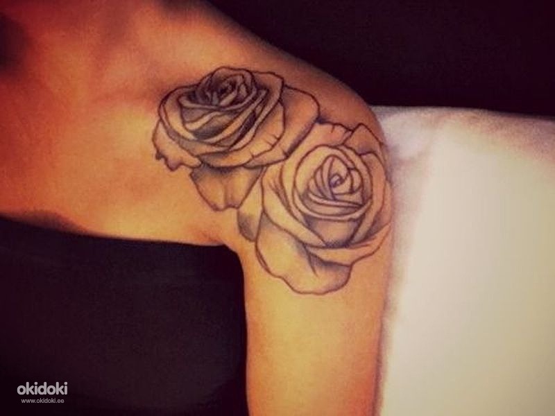 Grey Roses And Flower Tattoo On Shoulder