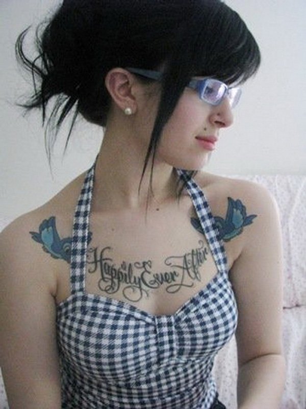 Happily Ever After Quote Tattoo On Girl Chest