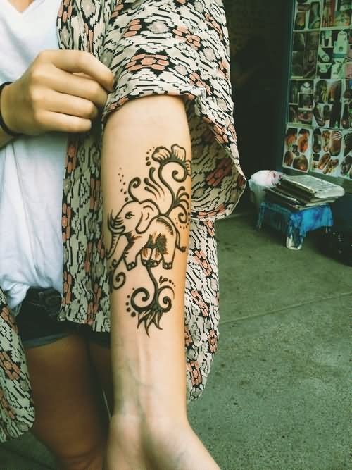 Henna Elephant Tattoo On Left Forearm