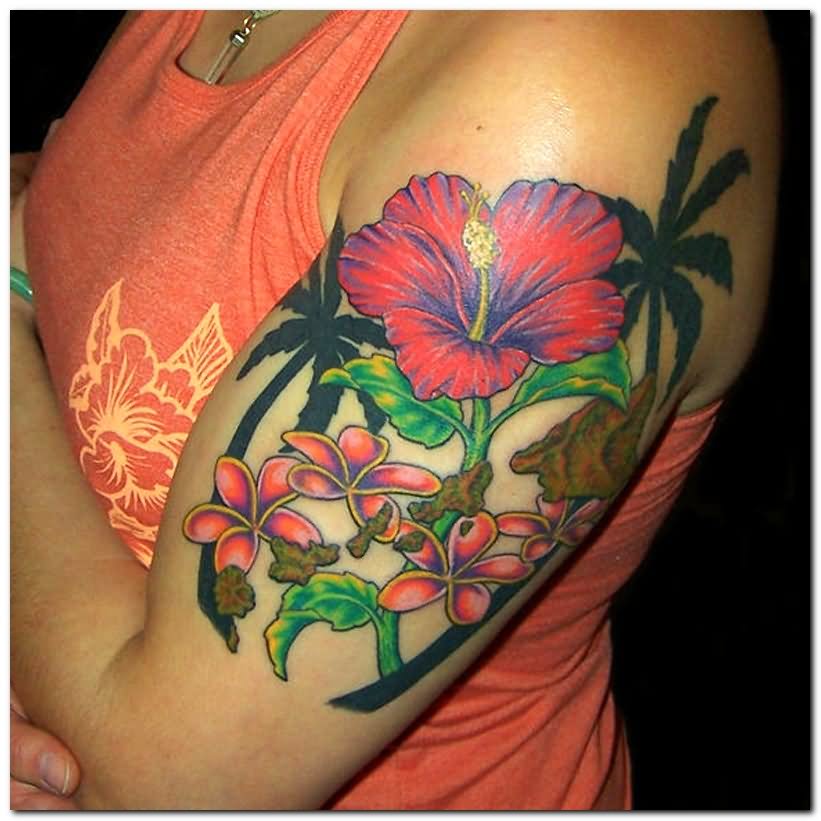 Hibiscus Flower Tattoo On Girl Left Half Sleeve
