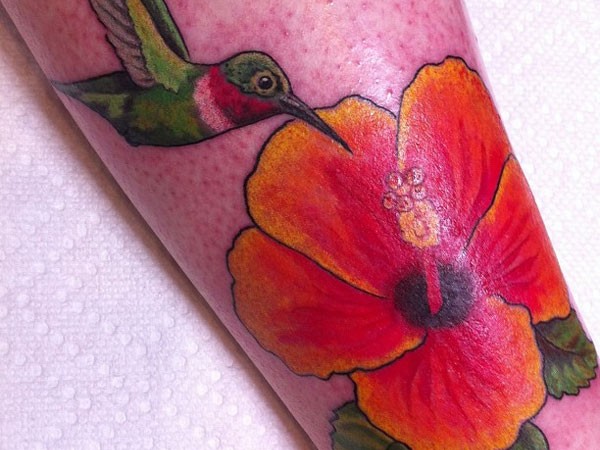 Hibiscus Flower With Hummingbird Tattoo Design For Sleeve