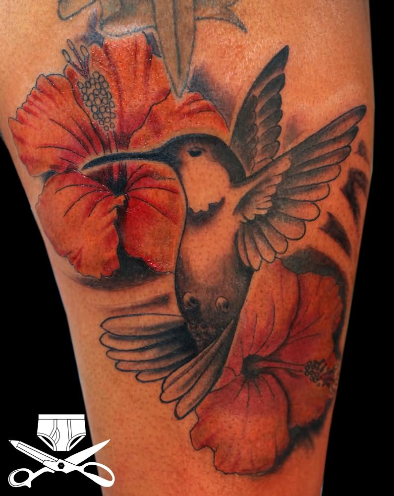 Hibiscus Flowers With Bird Tattoo Design