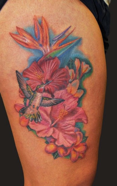 Hibiscus Flowers With Hummingbird Tattoo Design For Thigh