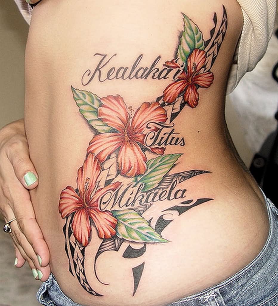 Hibiscus Flowers With Tribal Design Tattoo On Girl Side Rib