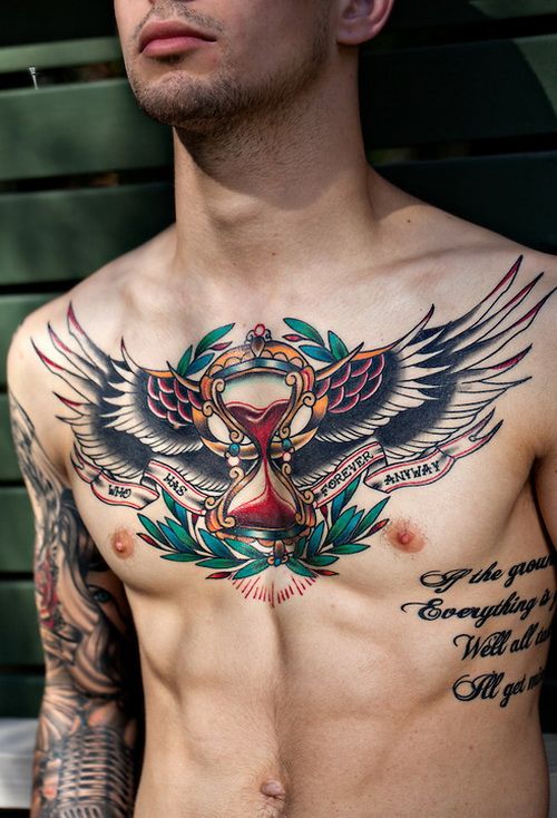 Hourglass With Wings And Banner Tattoo On Man Chest