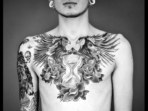 Hourglass With Wings And Roses Tattoo On Man Chest