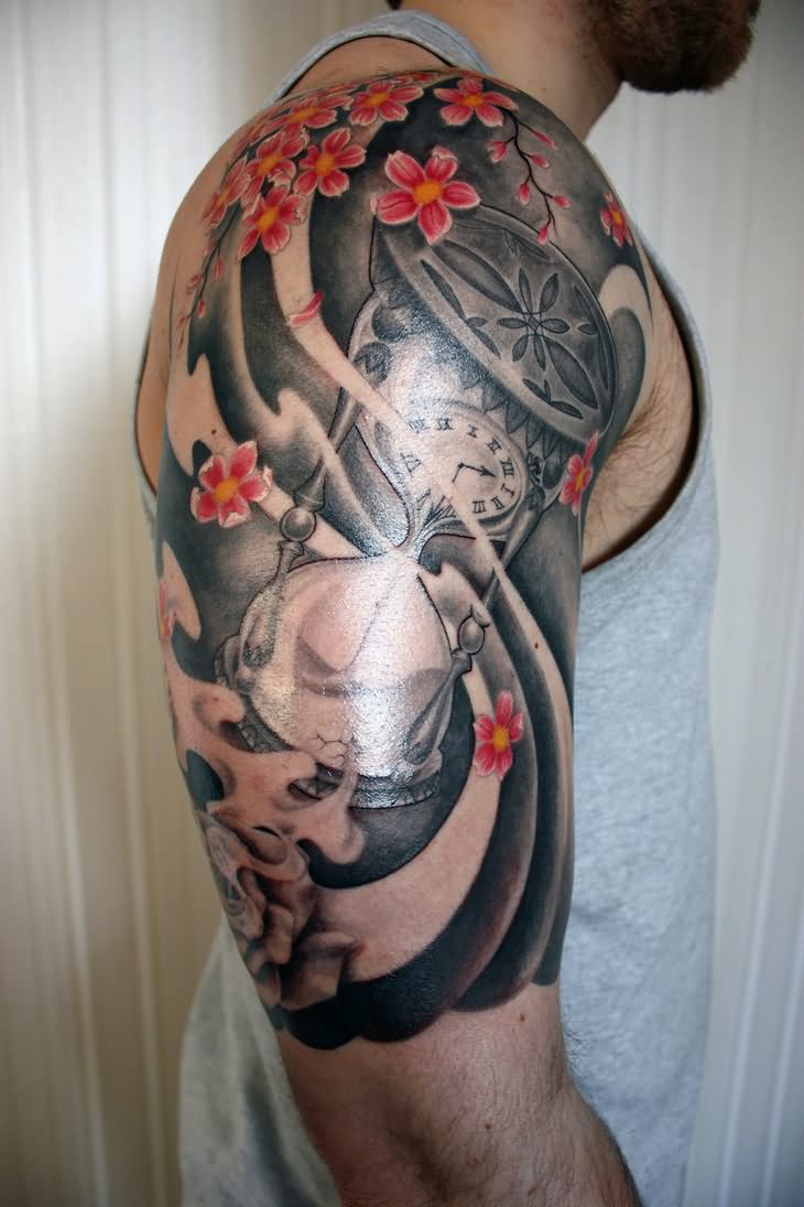 Japanese Flowers And Hourglass Tattoo On Right Half Sleeve