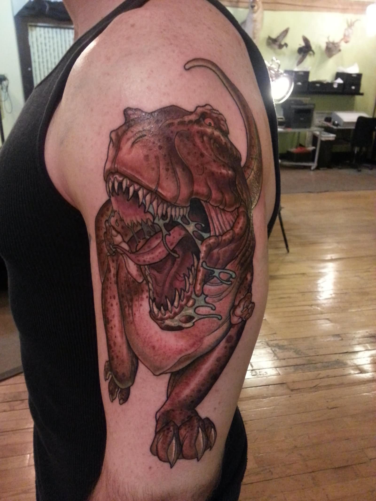 Left Half Sleeve Dinosaur Tattoo For Men