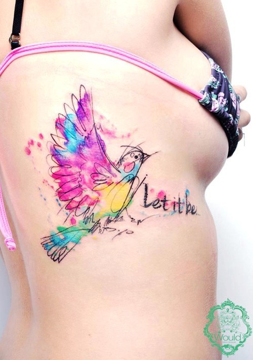 Let It Be - Watercolor Flying Bird Tattoo On Girl Side Rib