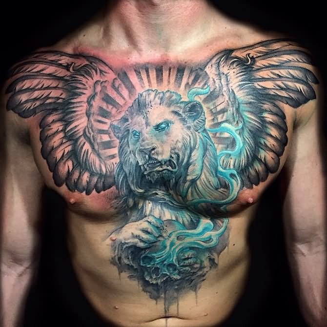 Lion With Wings Tattoo On Man Chest