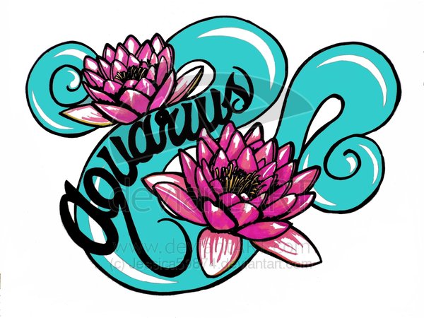Lotus Flowers And Aquarius Tattoo Design